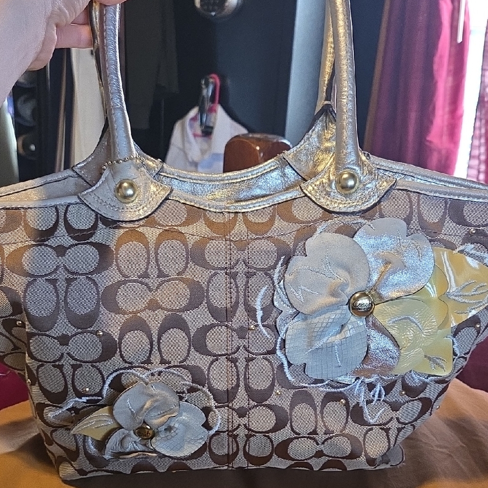 Coach Elegant Silver and Brown Floral Tote Bag
